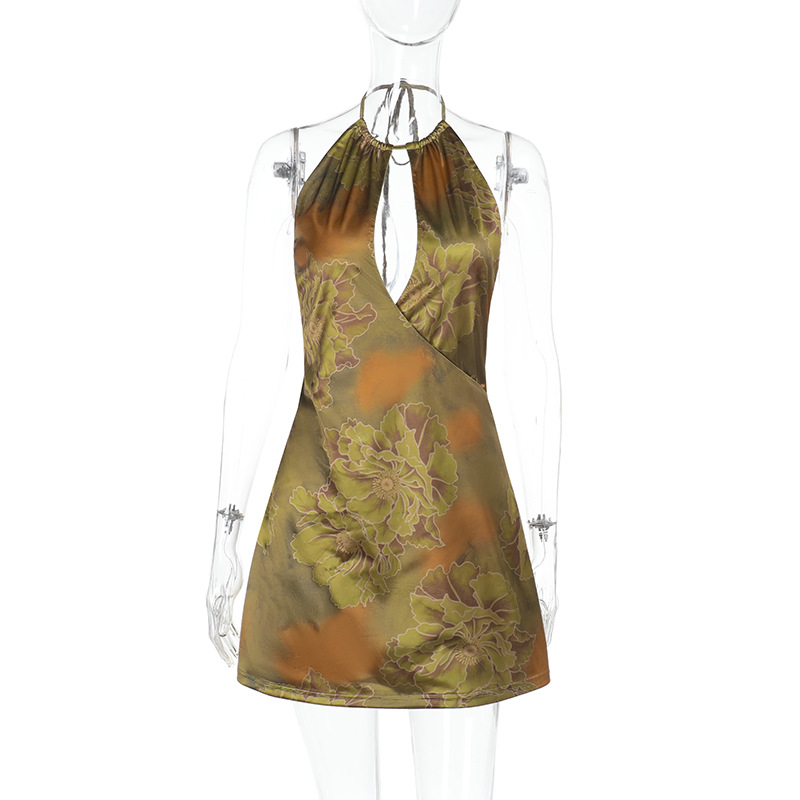 Strappy Sexy Backless Print Halter Neck Dress Green - Shop at LoveMi
