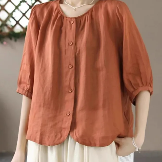 Cotton And Linen Shirt Women's Elegant Single breasted Round Neck Top Caramel Xl - Shop at LoveMi