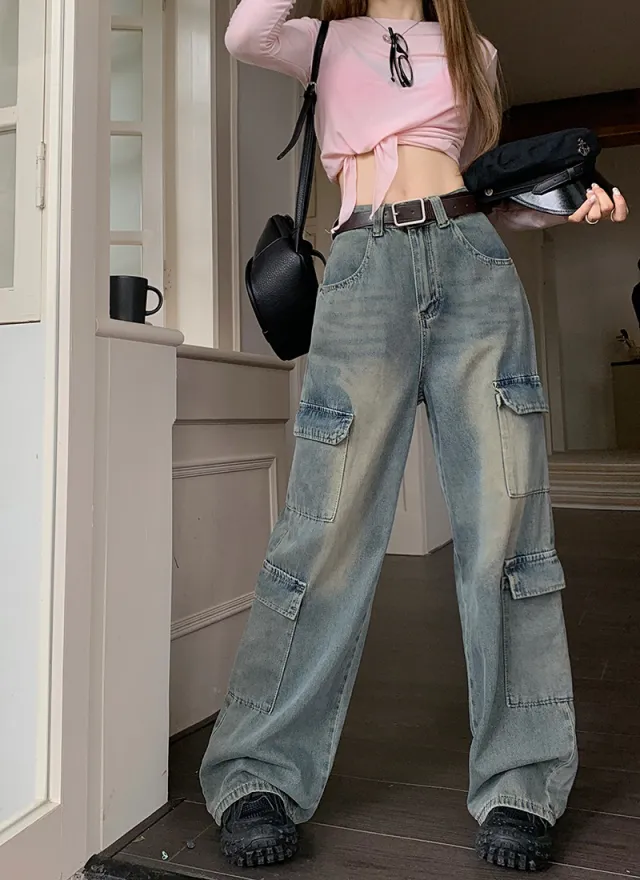 Women's Fashion Casual Retro Cargo Jeans Vintage Blue - Shop at LoveMi