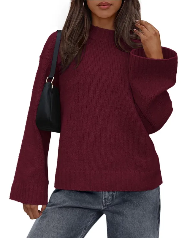 Casual Round Neck Solid Color Knitted Sweaters Women's Clothing Red - Shop at LoveMi