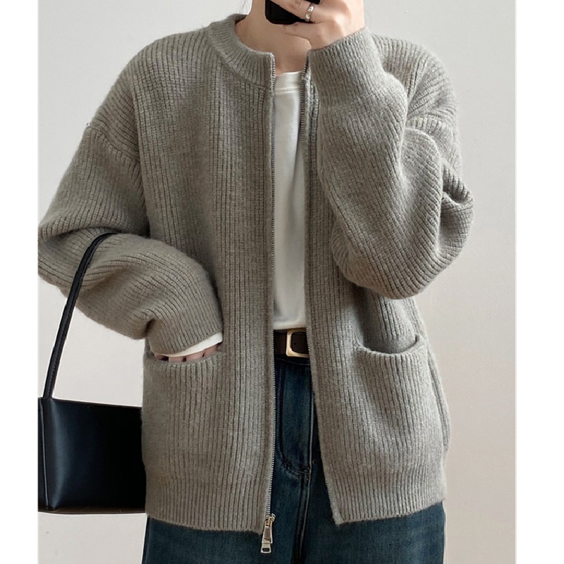 Autumn Solid Color Double Zipper Knitted Cardigan Women's Sweater Gray - Shop at LoveMi