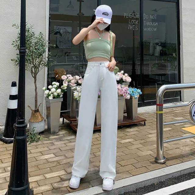 High Waist Drooping Color Loose Straight leg Denim Women White - Shop at LoveMi