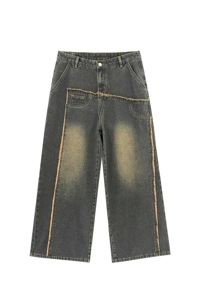 Loose Wash Edging Loose Denim Trousers Blue - Shop at LoveMi