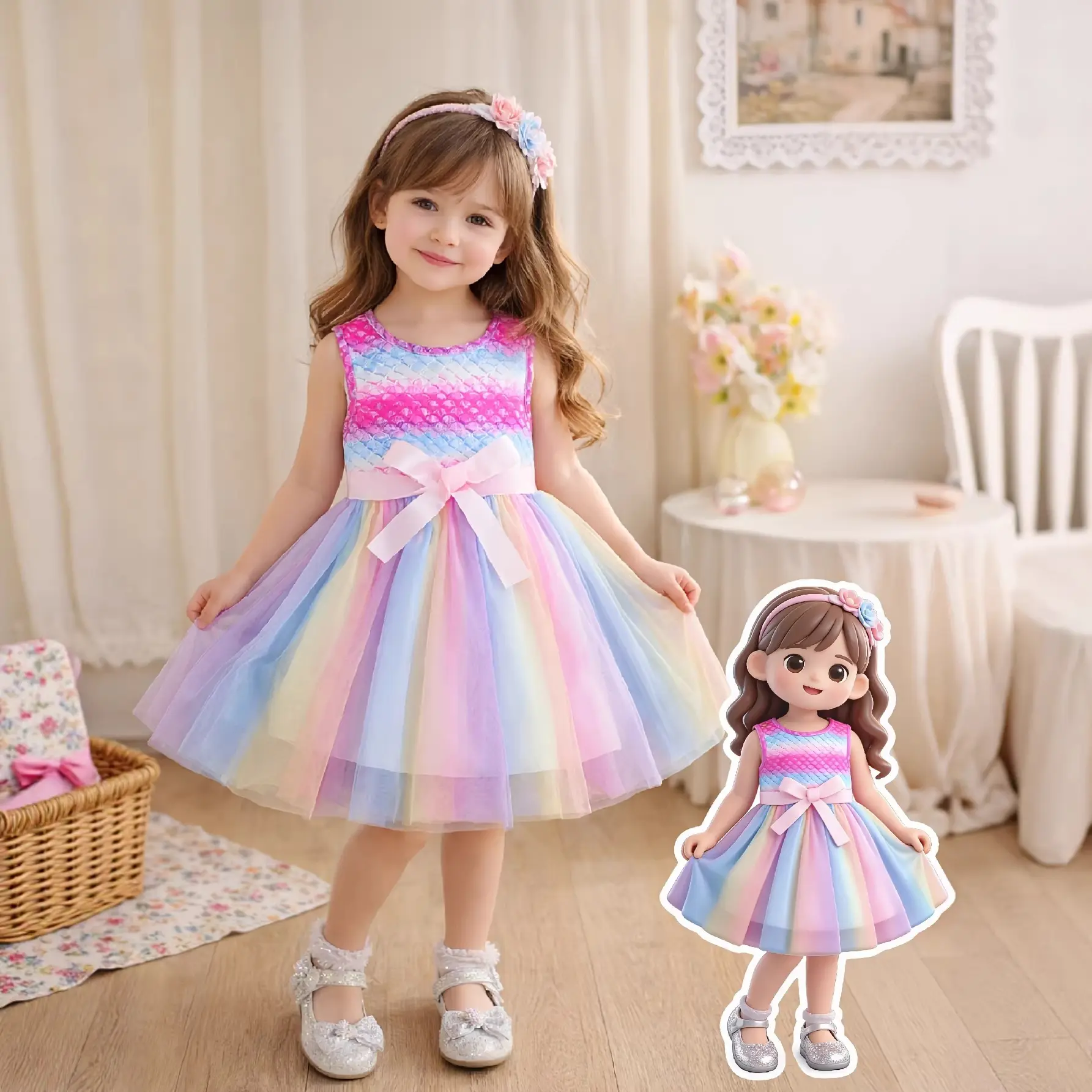 Children's Rainbow Gradient Fishscale Mesh Princess Dress