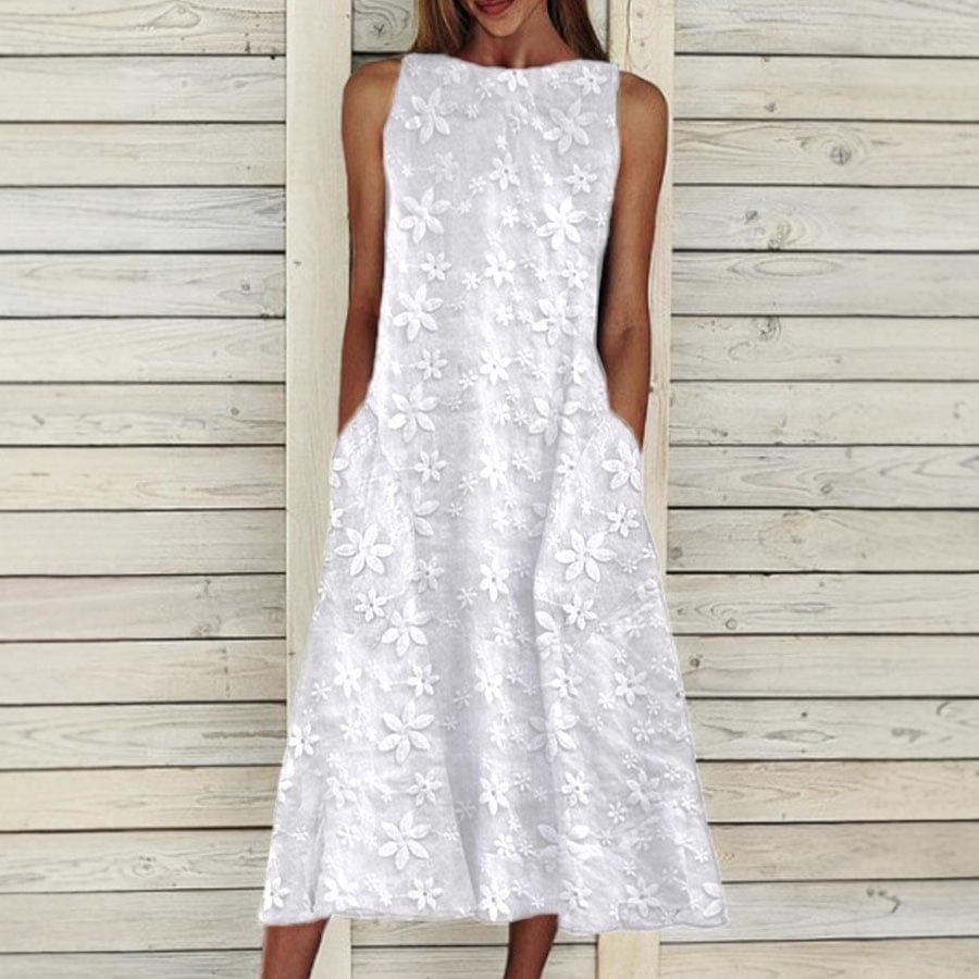 Floral Shading Round Neck Short Sleeve Dress White - Shop at LoveMi