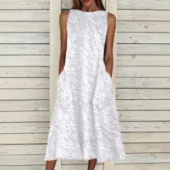Floral Shading Round Neck Short Sleeve Dress - White - View 1