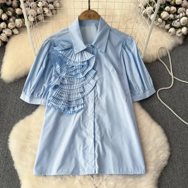 Heavy Industry Three dimensional Flower Lapel Pleated Slim Top Blue - Shop at LoveMi