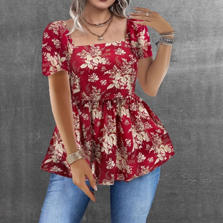 Womens Square-neck Floral Top