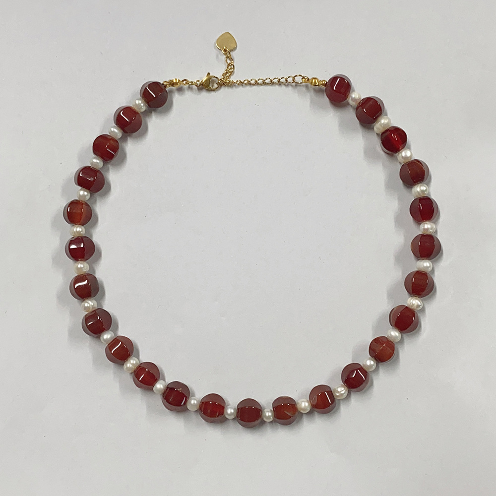 New Retro Dark Red Natural Stone Sweater Chain