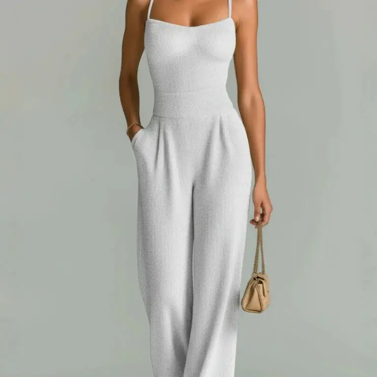 Women's Sleeveless Wide Leg Jumpsuit with Elastic Waist and Ribbed Texture