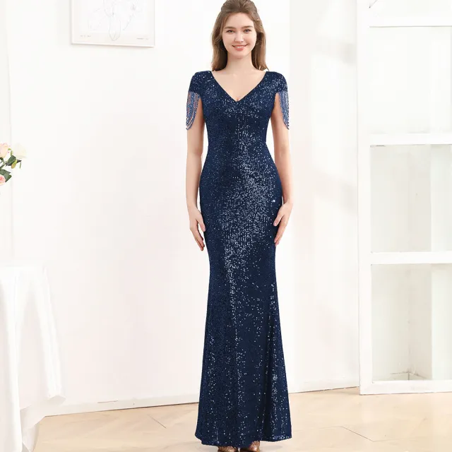 Sequined Slim Fit Slimming Long Dress Women Purplish Blue - Shop at LoveMi