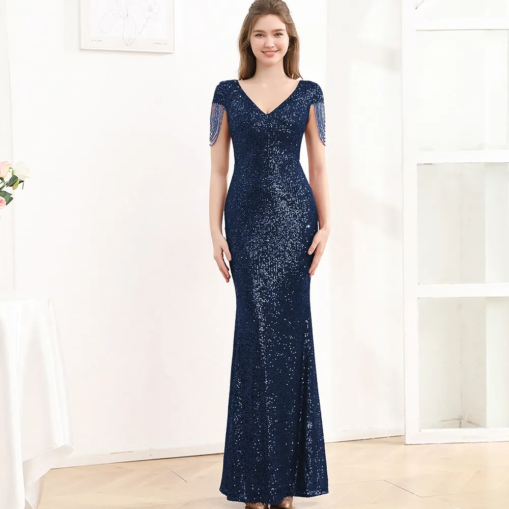 Sequined Slim Fit Slimming Long Dress Women - Purplish Blue