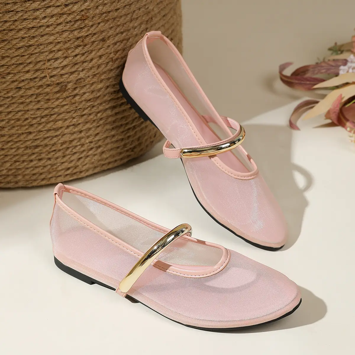 Round-toe Mesh Breathable Strap Flat Shoes For Women