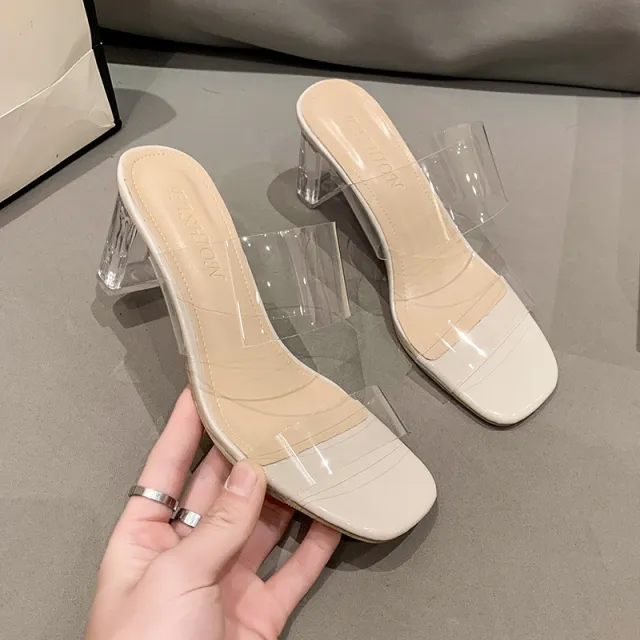 Transparent Ankle strap Women's Outer Wear High Heel Crystal Sexy Women's Shoes Beige - Shop at LoveMi