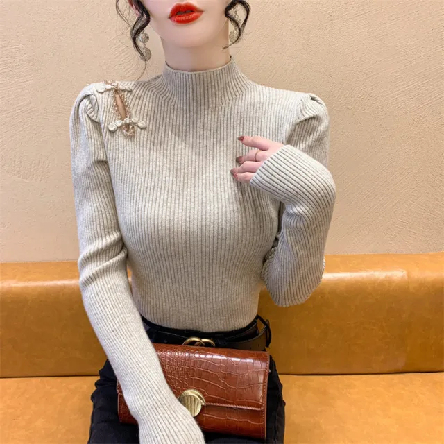 Women's Autumn And Winter National Style Puff Sleeve Half Turtleneck Slim fit Underwear Sweater Khaki - Shop at LoveMi