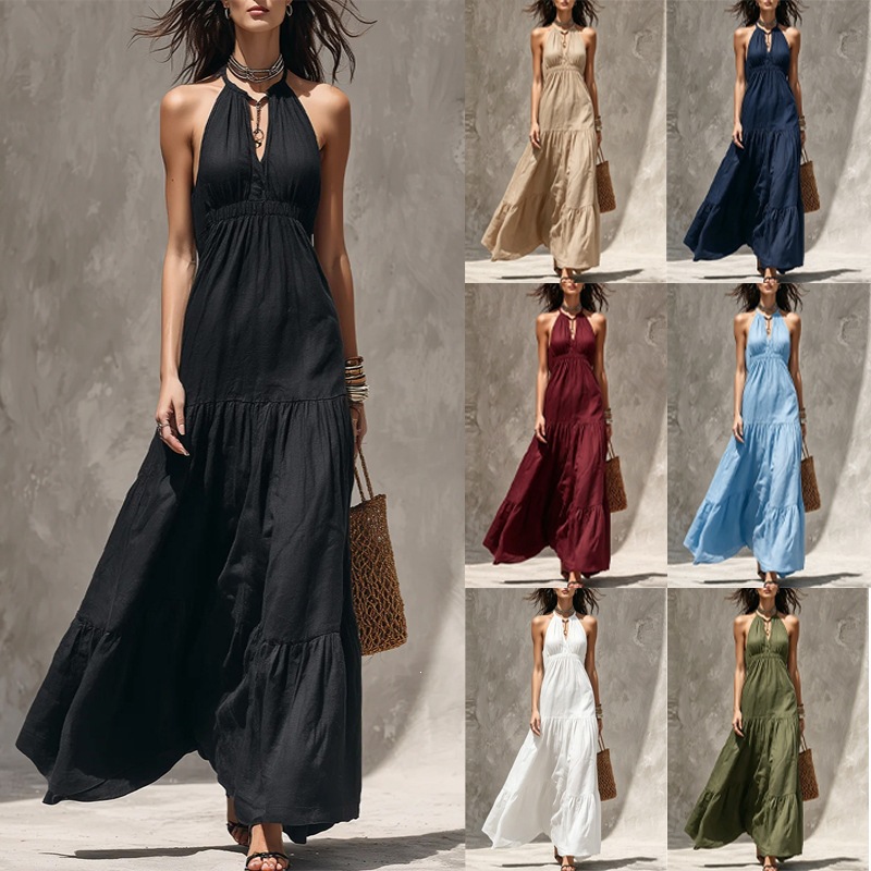 Sleeveless V-neck High-waisted Patchwork Cotton-linen Maxi Dress