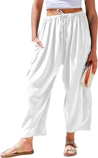 High Waist Wide Leg Loose Harem Cotton And Linen Trousers White - Shop at LoveMi