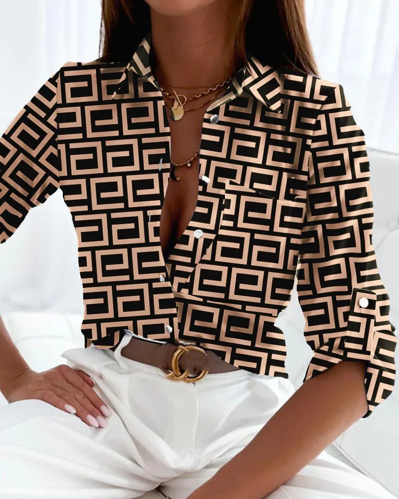 Women's Long Sleeved Shirt Shirt Print - Khaki Maze