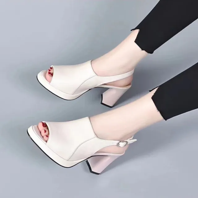 Genuine Leather Women's Soft Bottom Chunky Heel High Heels Beige - Shop at LoveMi