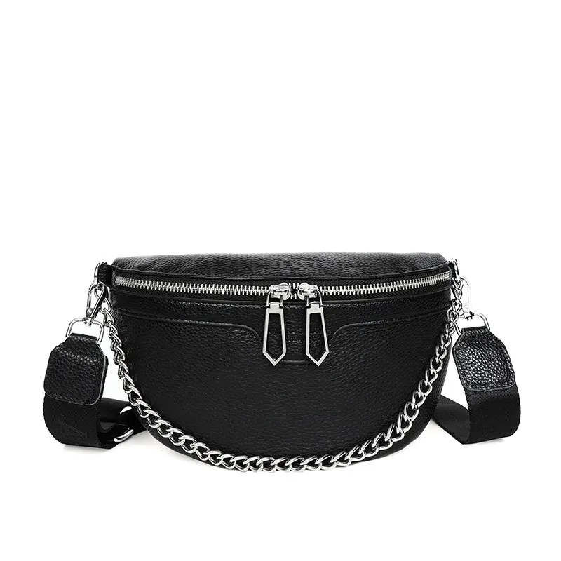 Casual Large Capacity Crossbody Leather Waist Bucket Bag - Black
