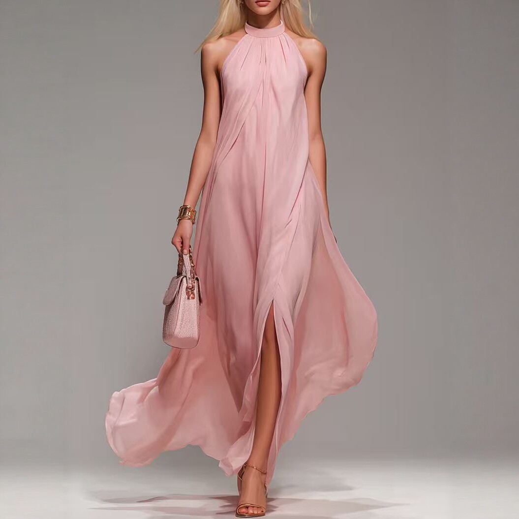 European And Americanstyle Pink Floor-length Dress With A Halter Neck And Open Back, Exuding Feminine Elegance