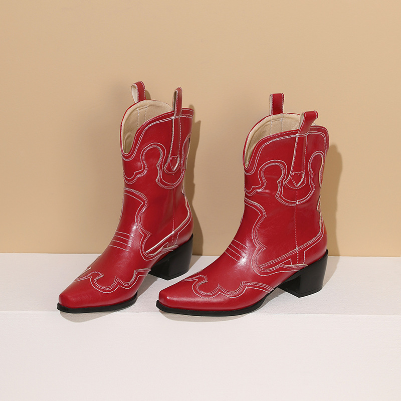 AutumnWinter Womens Boots Embroidered Yarn Patchwork Color-Block Chunky Heel Shaft Western Boots Ankle Boots