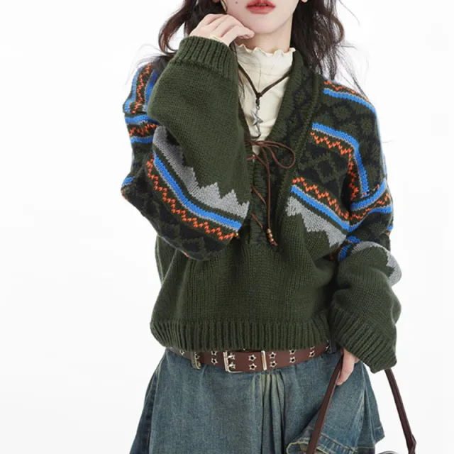 Retro Mori Style White Green Sweater For Women Dark Green - Shop at LoveMi