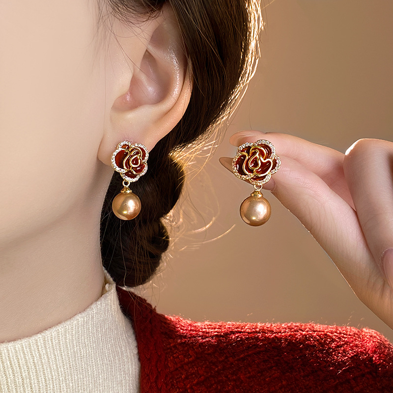 Ankela Red Micro-inlaid Camellia Pearl Earrings French Style Retro Affordable Luxury High Sense