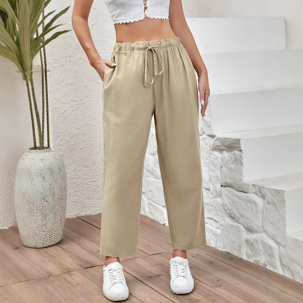 Women's Drawstring Elastic Cotton And Linen Casual Cropped Pants
