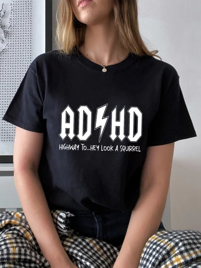 Letter Pattern Printed Women's Cotton T shirt Short Sleeve Black - Shop at LoveMi