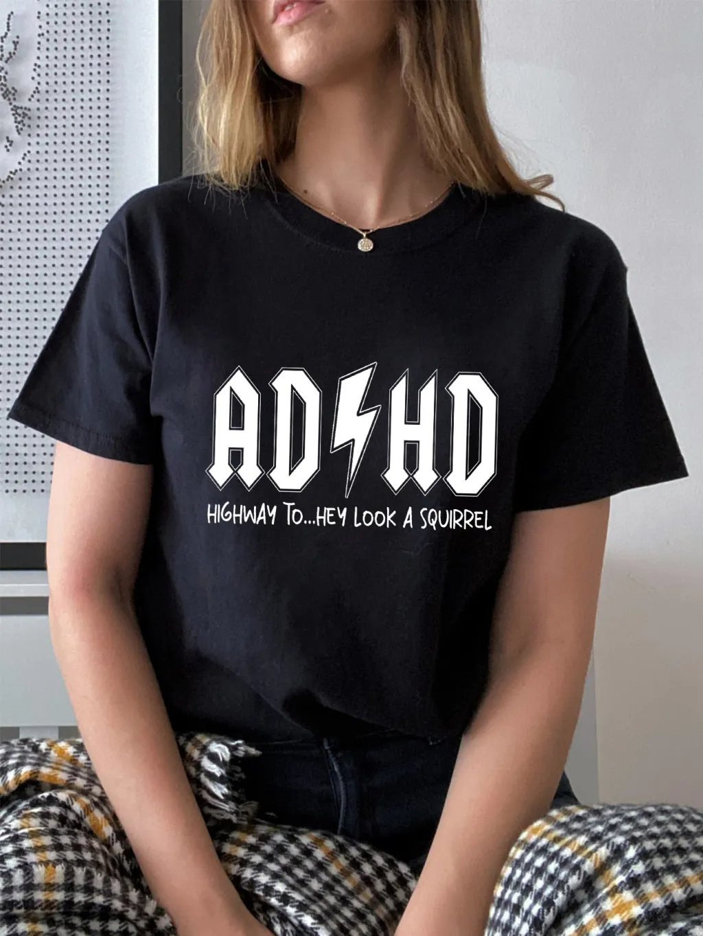 Letter Pattern Printed Women's Cotton T-shirt Short Sleeve - Black