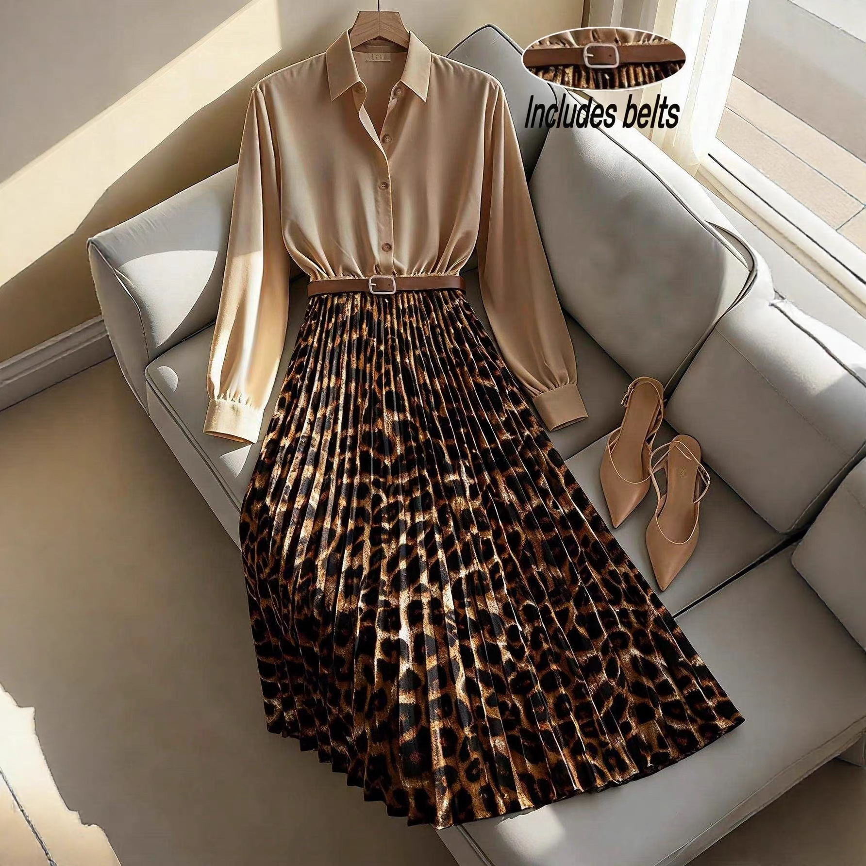 Womens Elegant Leopard-Print Patchwork Cinched Dress