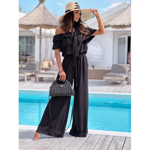 Ruffled Short Sleeves Elastic And Waisted Wide Leg Jumpsuit Trousers Black - Shop at LoveMi