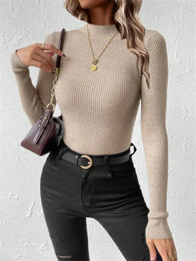 Women's Round Neck Mock Neck Sweater Knitted Pullover Khaki - Shop at LoveMi