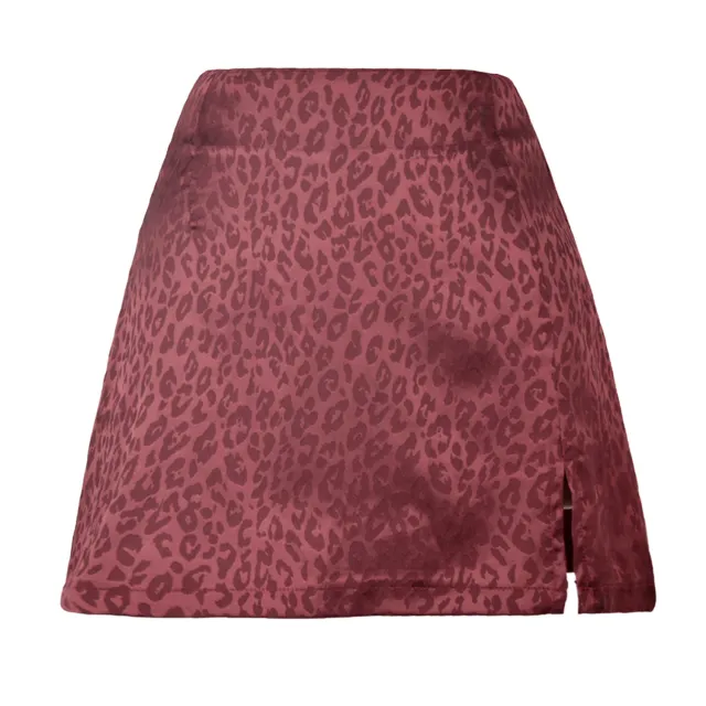 Women's Leopard Print High Waist Slit Short Skirt Jacquard Wine - Shop at LoveMi