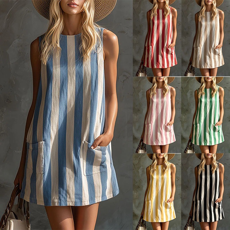 Women's Retro Striped Sleeveless Crew-Neck Cotton-Linen Mini Dress