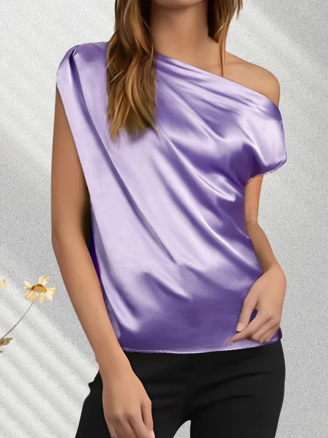 Fashionable Elegant Top Irregular Shoulder Pullover Sleeveless Shirt Purple - Shop at LoveMi