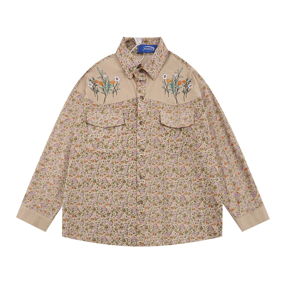 Floral Shirt Men's Loose Casual Long Sleeves Cardigan Stitching Embroidered Lapel Coat Khaki - Shop at LoveMi