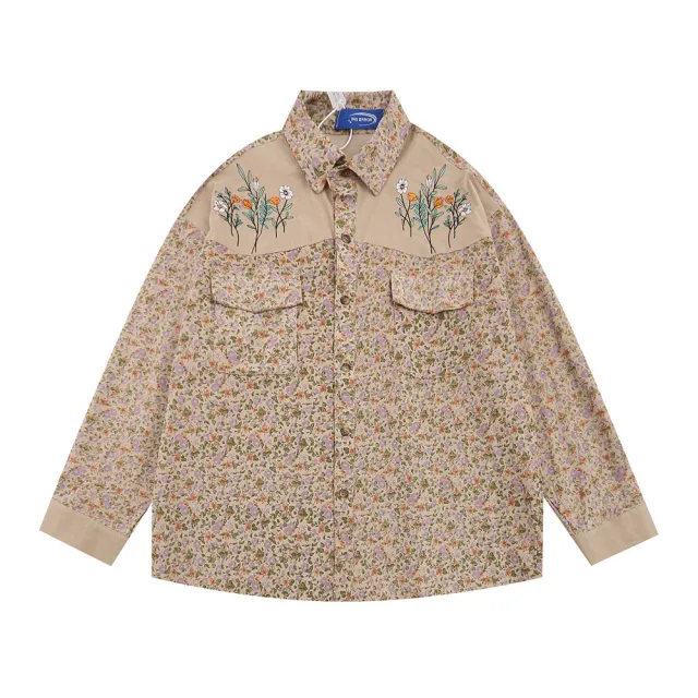 Floral Shirt Men's Loose Casual Long Sleeves Cardigan Stitching Embroidered Lapel Coat Khaki - Shop at LoveMi