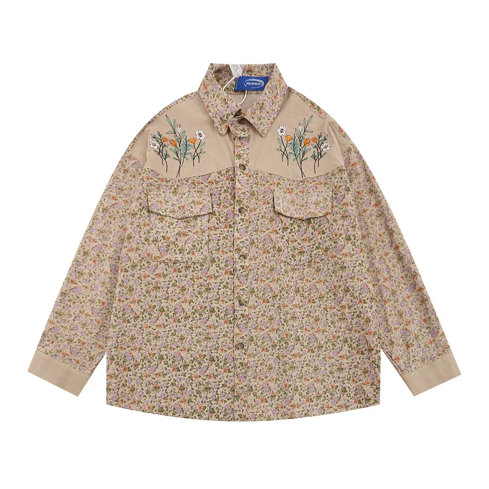 Floral Shirt Men's Loose Casual Long Sleeves Cardigan Stitching Embroidered Lapel Coat - Khaki