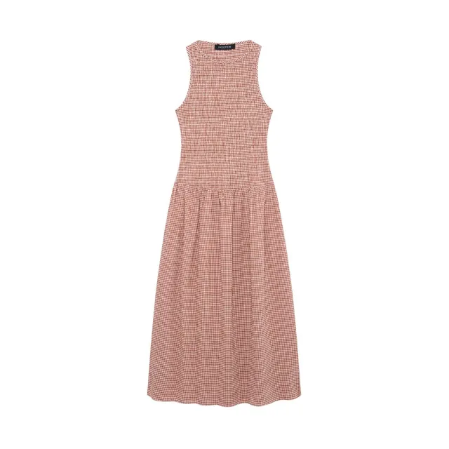 Spring New Plaid Sleeveless Slim Fit Midi Skirt Dress Orange - Shop at LoveMi
