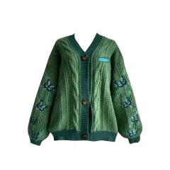 European And American Knitwear Embroidered Cardigan Temperament Youthful-looking Loose Casual Sweater - Green - View 1