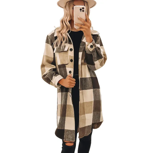 Loose Button Pocket Long Sleeve Coat Long And Simple All match Jacket Khaki - Shop at LoveMi