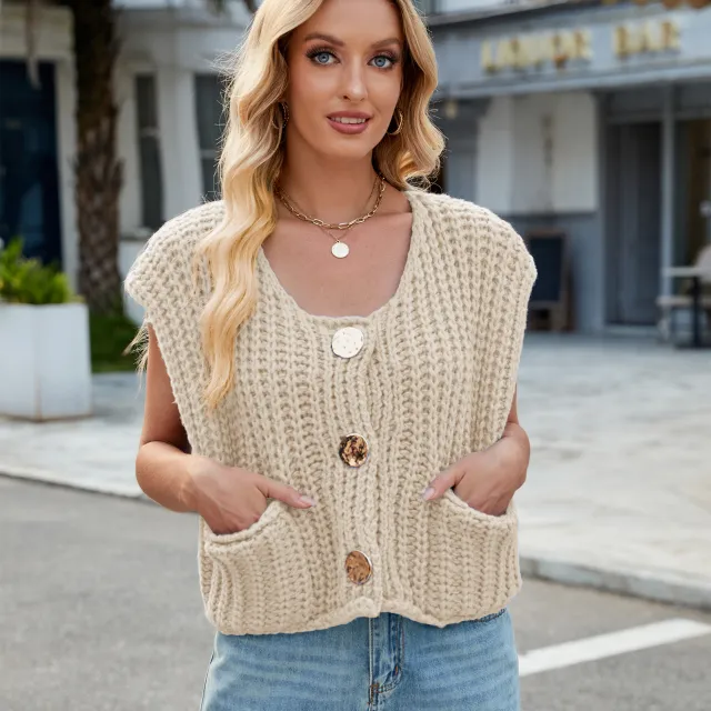 Women's V neck Three button Sleeveless Cardigan Apricot - Shop at LoveMi