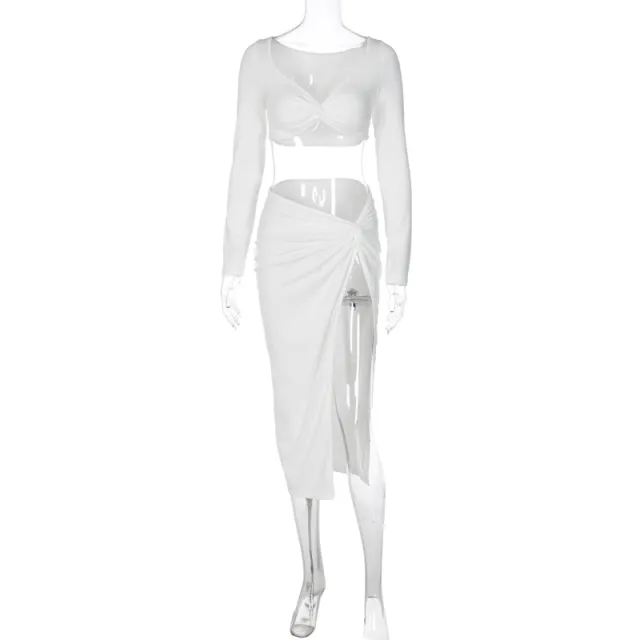 Tight High Waist Slit Skirt Two piece Set White - Shop at LoveMi