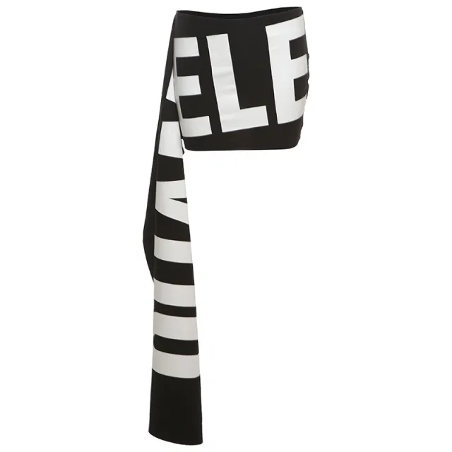 Womens Black And White Letter Print Asymmetrical Mini Skirt Black - Shop at LoveMi
