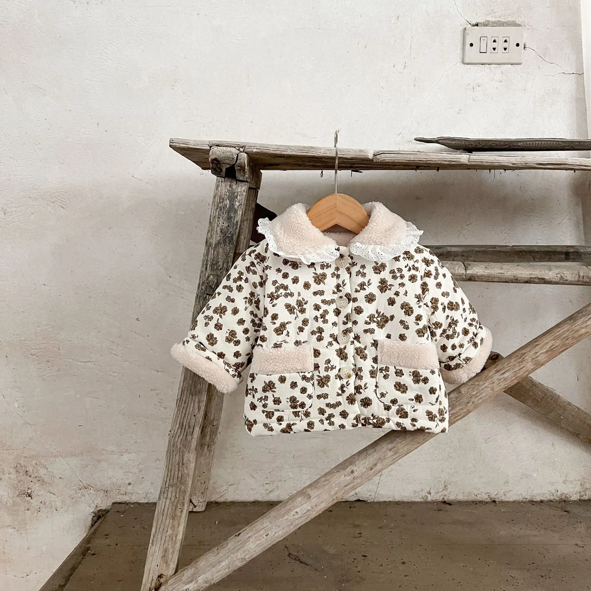 Girls' Infant Baby Floral Lace Lapel Puffer Jacket
