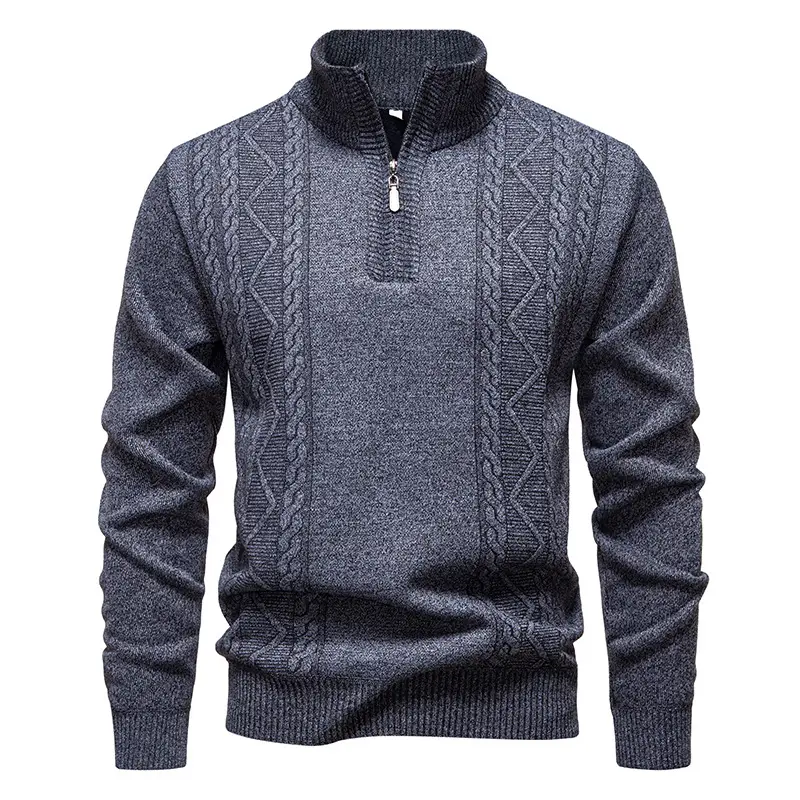 Mens Winter Stand-Collar Half-Zip Pullover Knitted Sweater