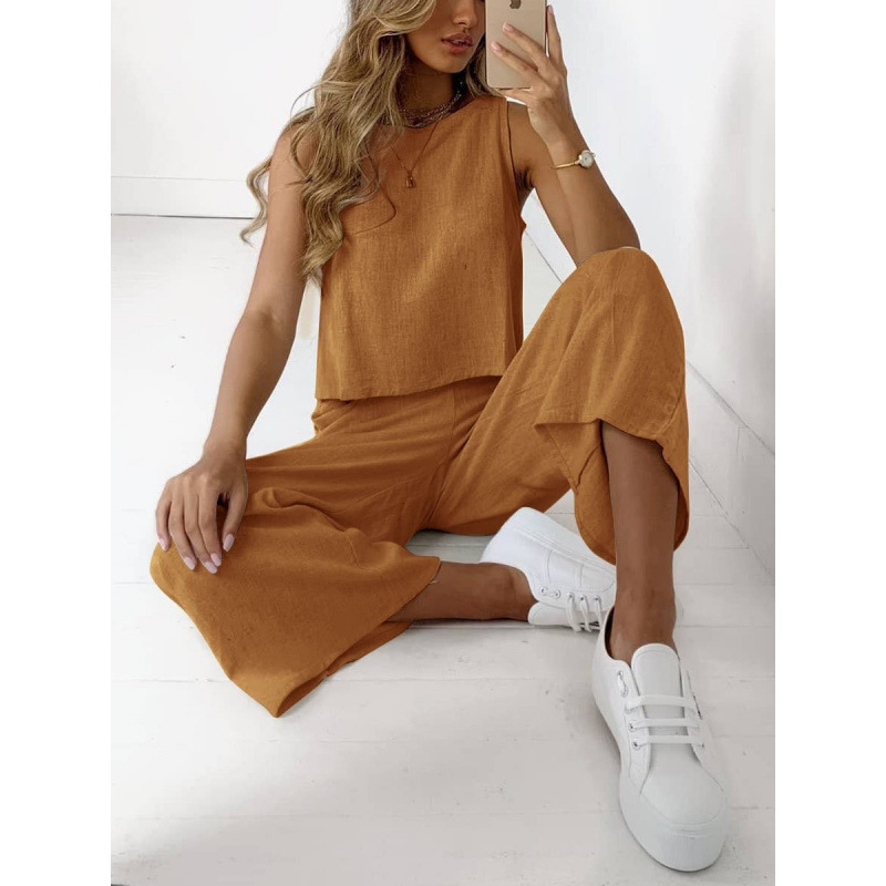 Cotton And Linen Suit Women's Sleeveless Shirt Cropped Wide leg Pants Two Piece Set Brown - Shop at LoveMi