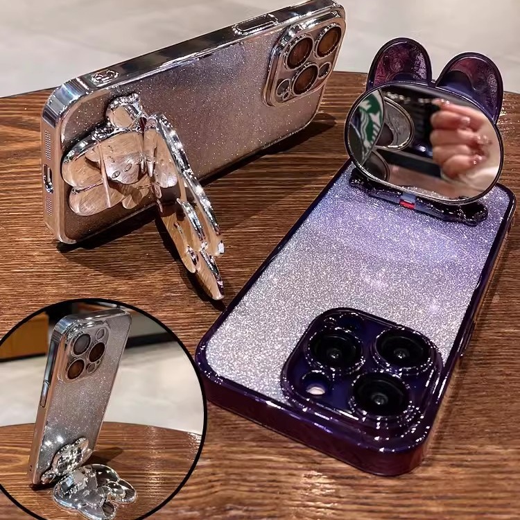 Electroplated Rabbit Stand Phone Case With Makeup Mirror Gradient Protective Cover 7